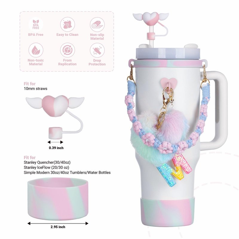 Rabrgab 7Pcs Initial Stanley Cup Accessories Set with Handle, Girls Tumbler Cup Decoration for 40oz 30oz 20oz, Teen Girls Gifts, Including Heart Straw Topper, Charms, Silicone Boot, Letter Charm M