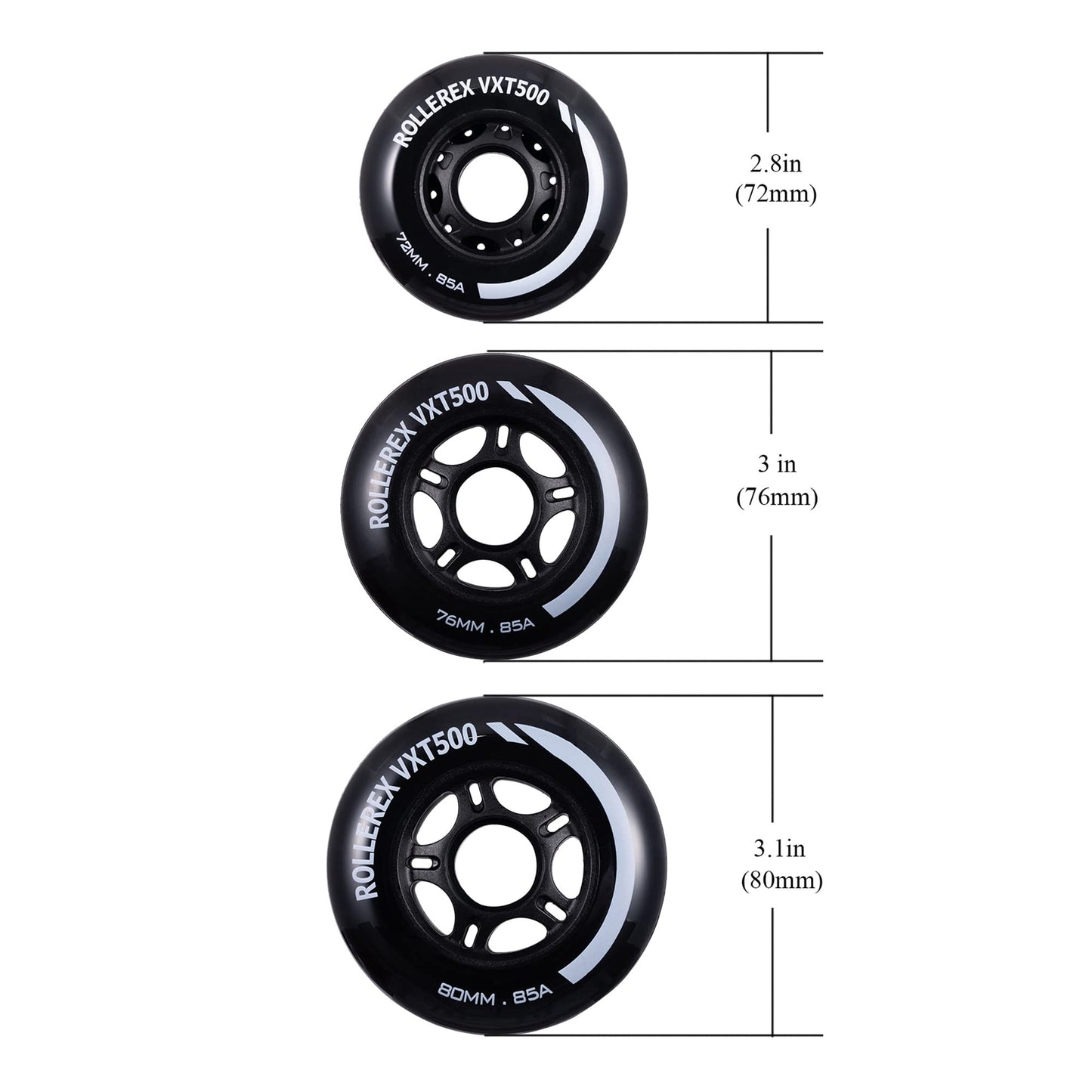 Rollerex VXT500 Inline Skate Wheels – 2-Pack (Optional Bearings, Spacers and Washers) - Durable Replacement Roller Blade Wheels for Indoor & Outdoor Skating (Steel Black, 76mm)