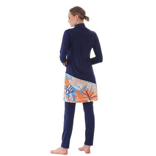 eo elif okur Islamic Long Sleeve Swimsuits for Women Modest Muslim 5 PCS | Full Cover Rash Guard Burkini | Arabic Swimwear (Navy Blue-Tropical/L)