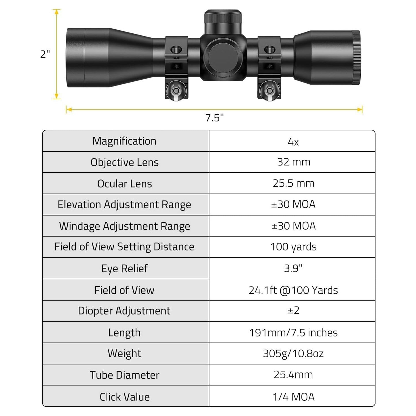 Compact Rifle Scope 4x32, for Crossbow Scope, with BDC Reticle, Ideal for Medium to Long-Range Hunting up to 500 Yards