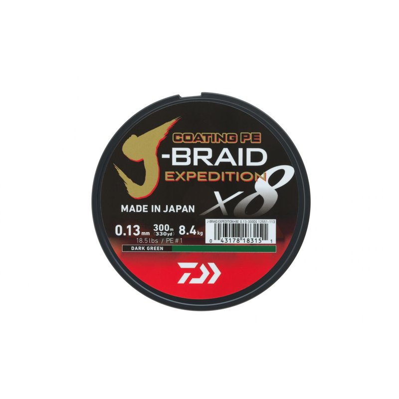 DAIWA J-Braid Expedition X8E, 0.22mm, 19.5kg/43.1lbs, 330yds, Dark Green, Braided Fishing Line