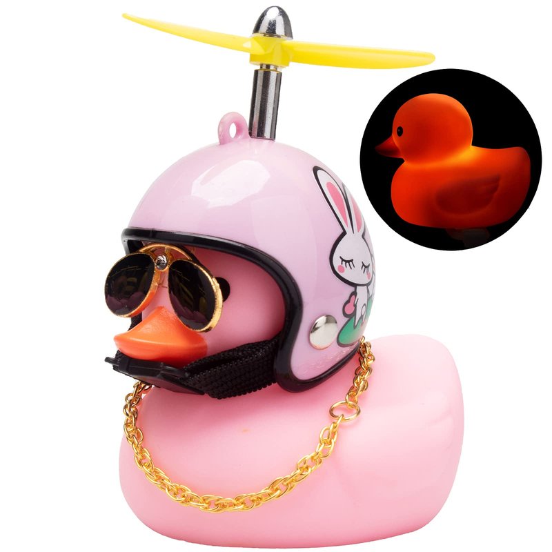 wonuu Rubber Duck Car Ornaments Pink Duck Bike Bell Cute Duck Car Dashboard Decorations Squeeze Duck Bicycle Horns with Propeller Helmet, Bandage and Gold Chain