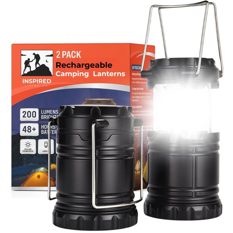 Rechargeable Camping Lantern, Pack of 2 - LED Camping Lantern Battery Powered, Waterproof Solar Lantern for Emergency, Hiking & Power Outages | USB-C Rechargeable, Collapsible, 360° Light