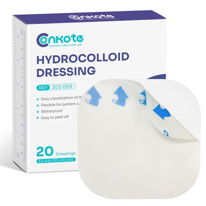 Conkote Hydrocolloid Wound Dressing 4”x 4”, Thin Adhesive Patches, Box of 20 Dressings