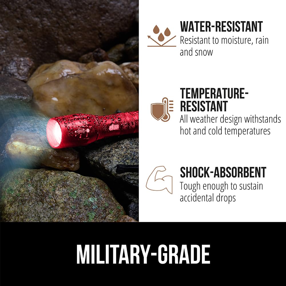 GORILLA GRIP Powerful LED Tactical Flashlight, 750 FT High Lumens 5 Adjustable Modes, Water Resistant, Ultra Bright Zoom Flashlights, Small Mini Flash Light, Camping, Night Dog Walking, Red