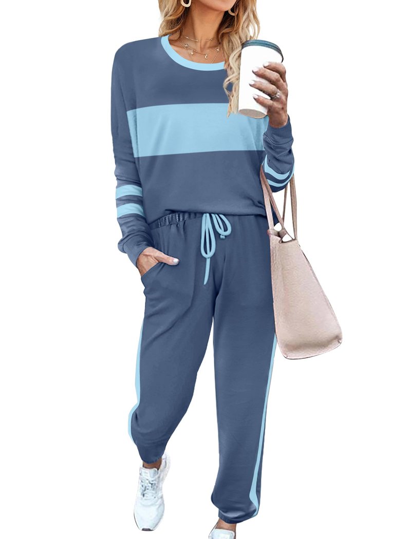 Aloodor Lounge Sets for Women Long Sleeve Sweatshirts and sweatpants 2 Piece Sets Light Blue L