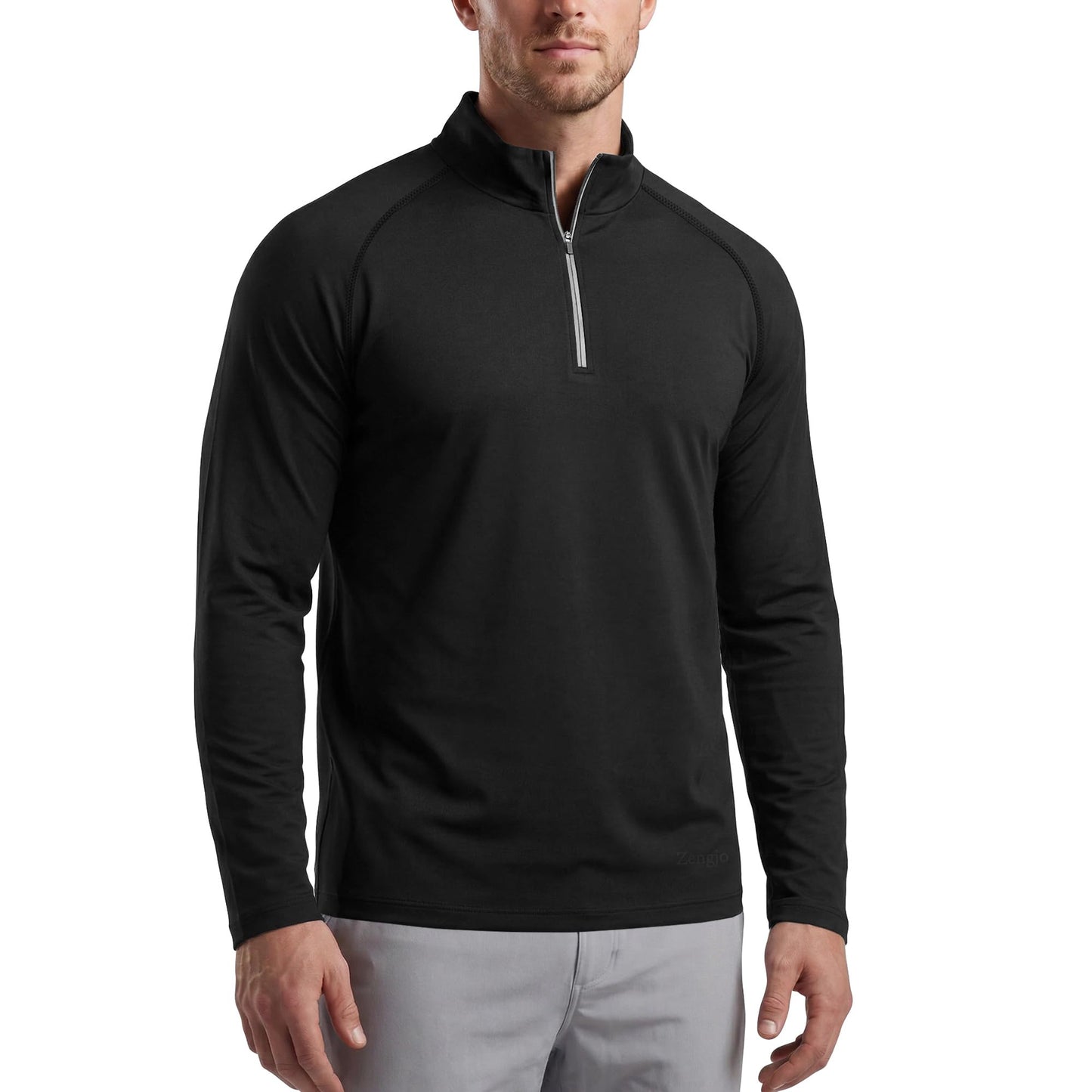 Zengjo Mens 1/4 Zip Pullover Lightweight Long Sleeve Running Workout Shirts(Black,L)