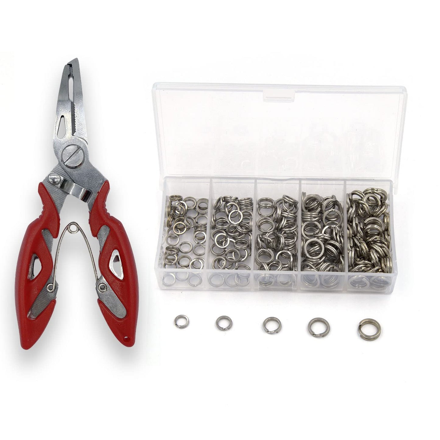 Pack of 201pcs Fishing Stainless Steel Split Rings 5 Sizes and Plier Set, Split Ring Capable of withstanding Large tensile Force and Fishing Plier Tool Kit for Saltwater Fishing Lure Connectors… (Red)