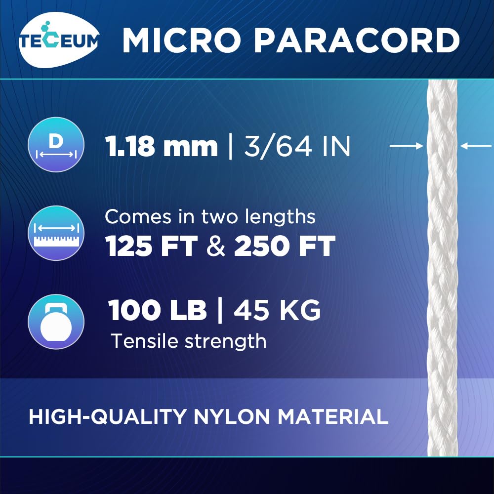 TECEUM Micro Paracord – White – 1.18 mm x 250 ft – Micro Utility Cord – Thin Braided Paracord Rope Nylon Polyester – Wind Chime Replacement – Survival Strong String 007c