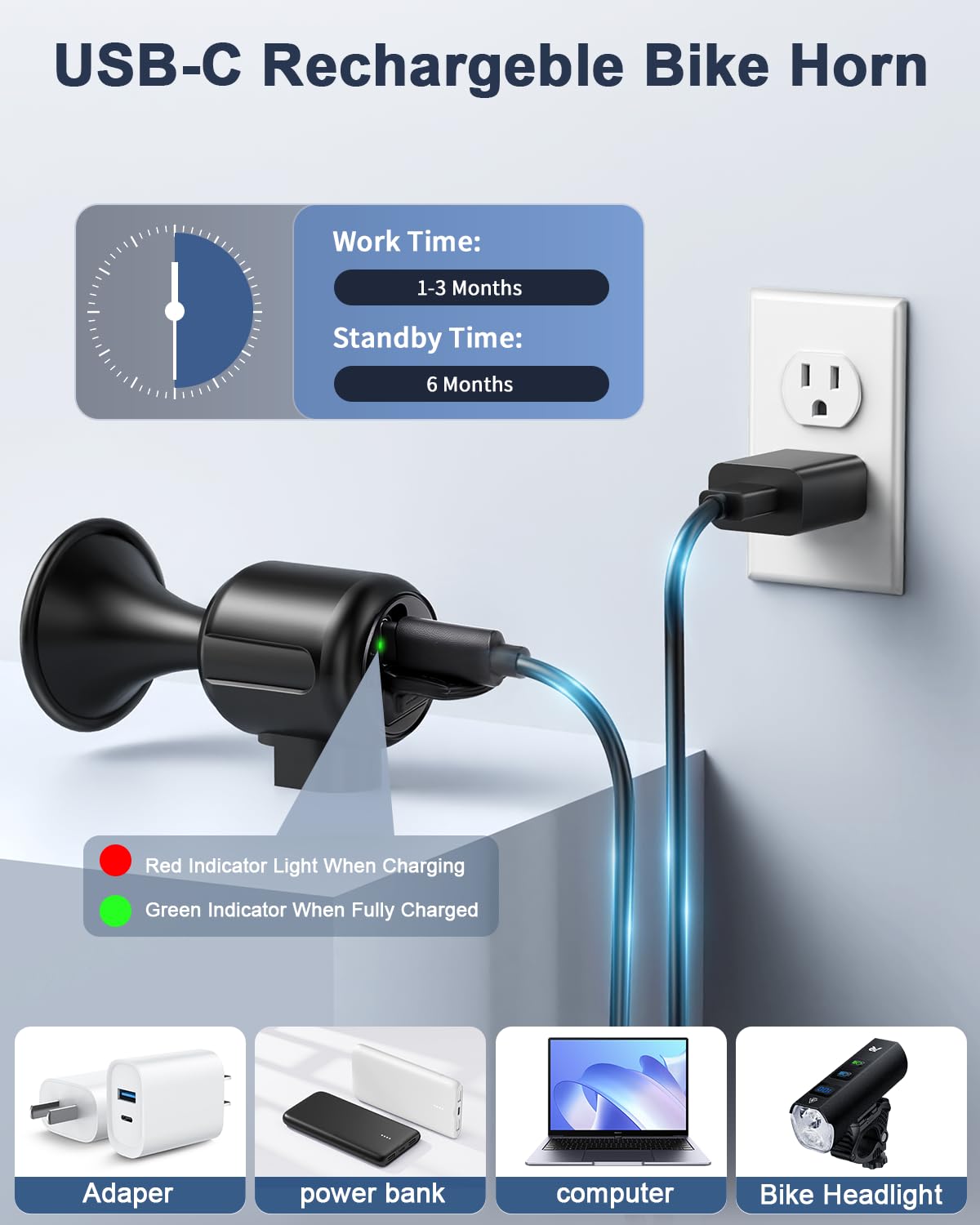 ‌POWVINE 120dB Loud Bike Horn,Bicycle Horn with Anti-Theft,Electric Bike Horn with Wireless Remote USB-C Rechargeable & Suspension Mount Bike Horn for Adults Kids Bike,Scooter, Ebike, IPX5 Waterproof