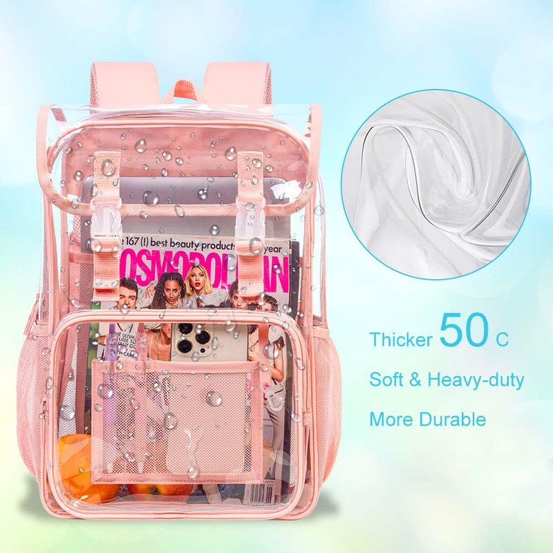 FTJCF 3PCS Pink Clear Backpack, Heavy Duty Transparent Bookbag for Women Girls, Stadium Approved See Through Backpack Set (Pink)
