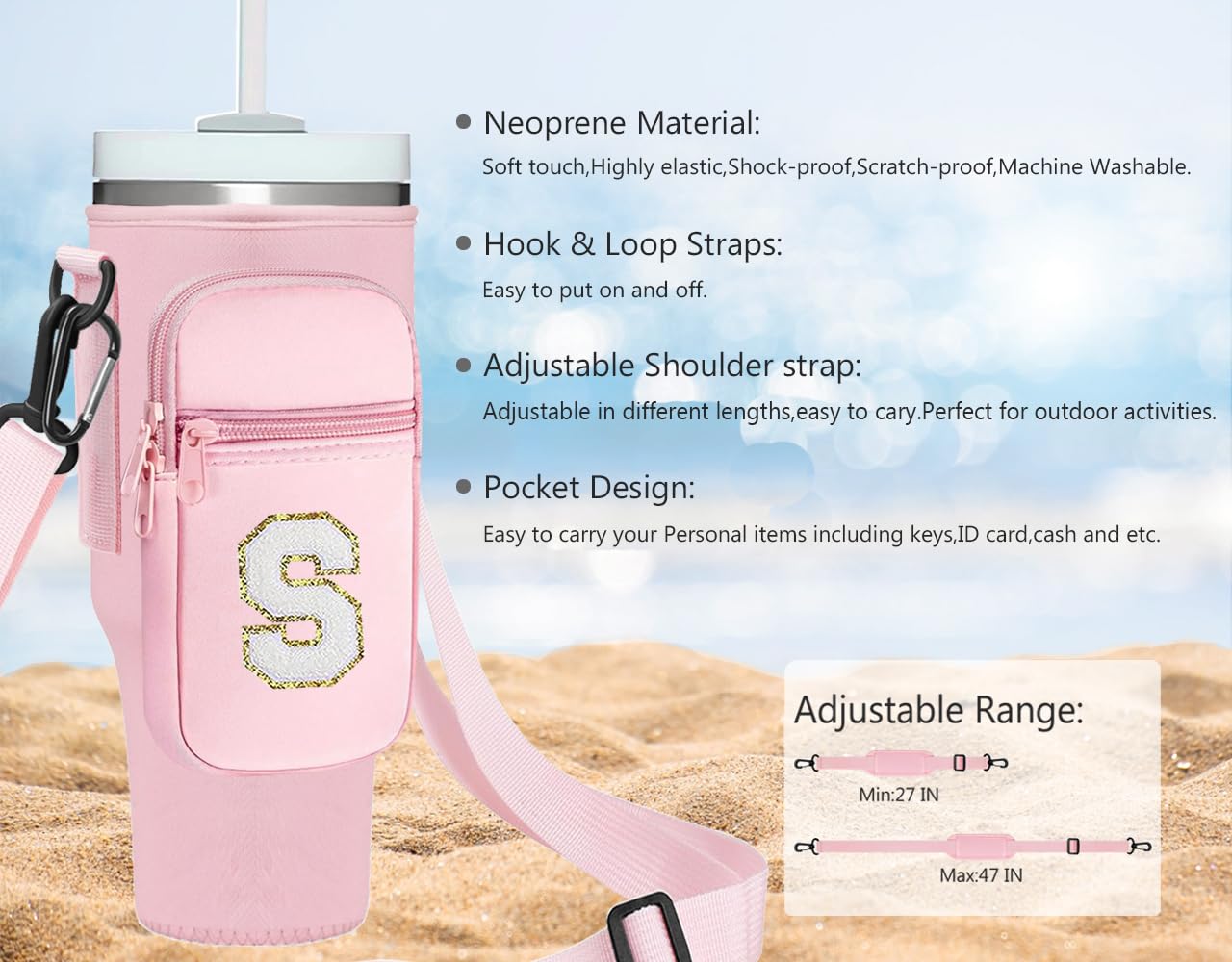 momocici Letter S Cup Carrier Bag with Strap & Pouch for Stanley Quencher 40oz Tumbler.Initial Cup Crossbody Holder Bag Compatible with Stanley Cup for Hiking Travelling Camping.(Rose Quartz)