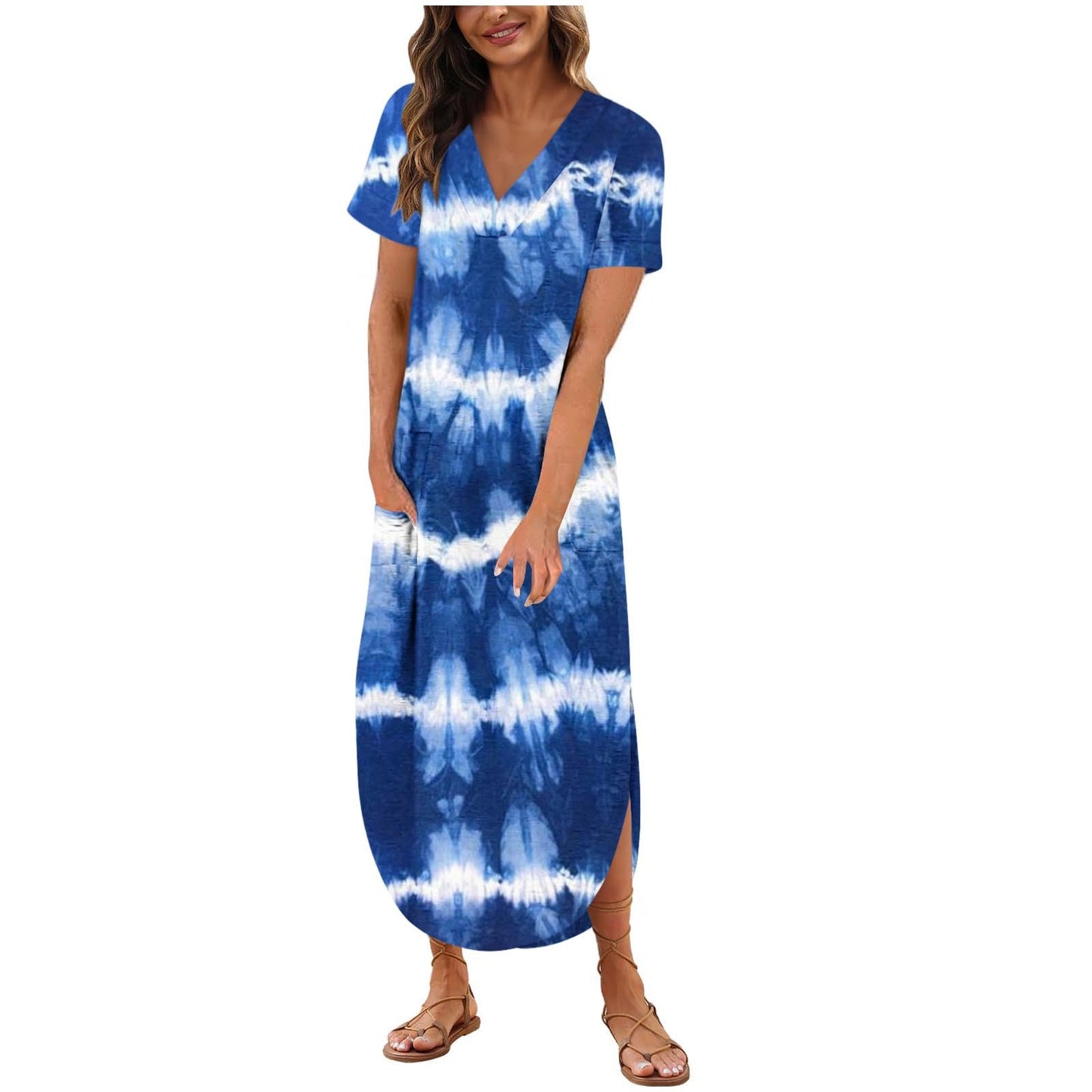 YFGEFTR Prime and Day Deals Women's 2024 Summer Dresses Short Sleeve Tshirt Dress V Neck Beach Long Maxi Dress Casual Split Sundress with Pocket Petite Sundresses for Women