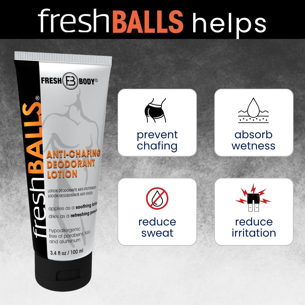 FRESH BALLS Lotion Anti-Chafing Cream Ball Deodorant for Men - Men's Anti-Chafe Lotion to Powder & Hygiene for Groin Area - Aluminum-Free, Talc-Free, 3.4 oz