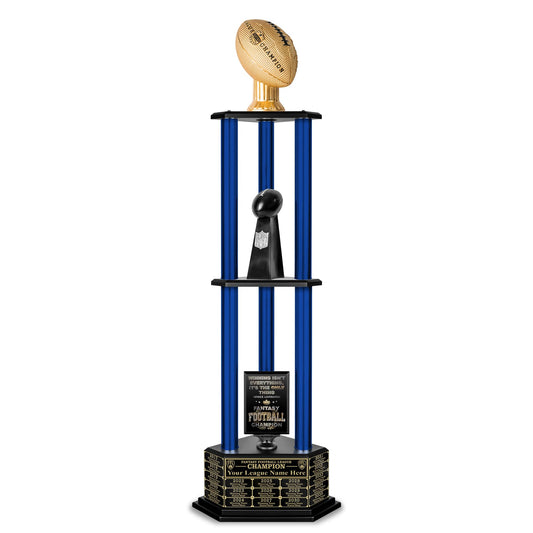 TrophySmack Perpetual Fantasy Football Trophy - Customizable Championship Trophy Award Winner | Free Engraving up to 19 Years Past Winners, 56 Inch Tall (Blue Gold)