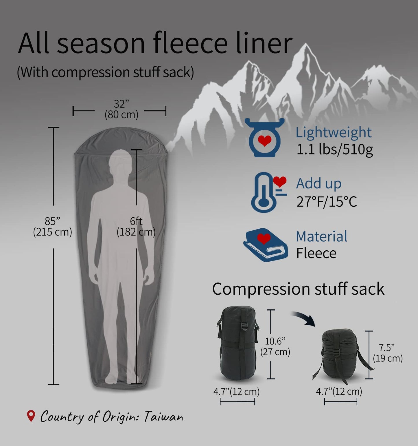 Litume All Season Fleece Sleeping Bag Liner Adds Up to 27°F/ 15°C, Lightweight Mummy Sleeping Sack for Cold Weather and Winter Backpacking, Camping, Traveling with Drawstring Hood E629B