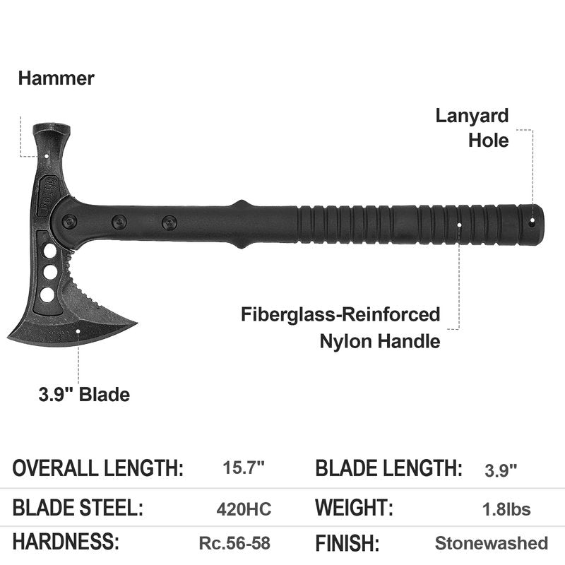 Hitdudu Camping Axe, Survival Chopping Hatchet with Sheath, Tactical Tomahawk with Hammer, Nylon Fiber Handle for Outdoor Survival Hiking Camping