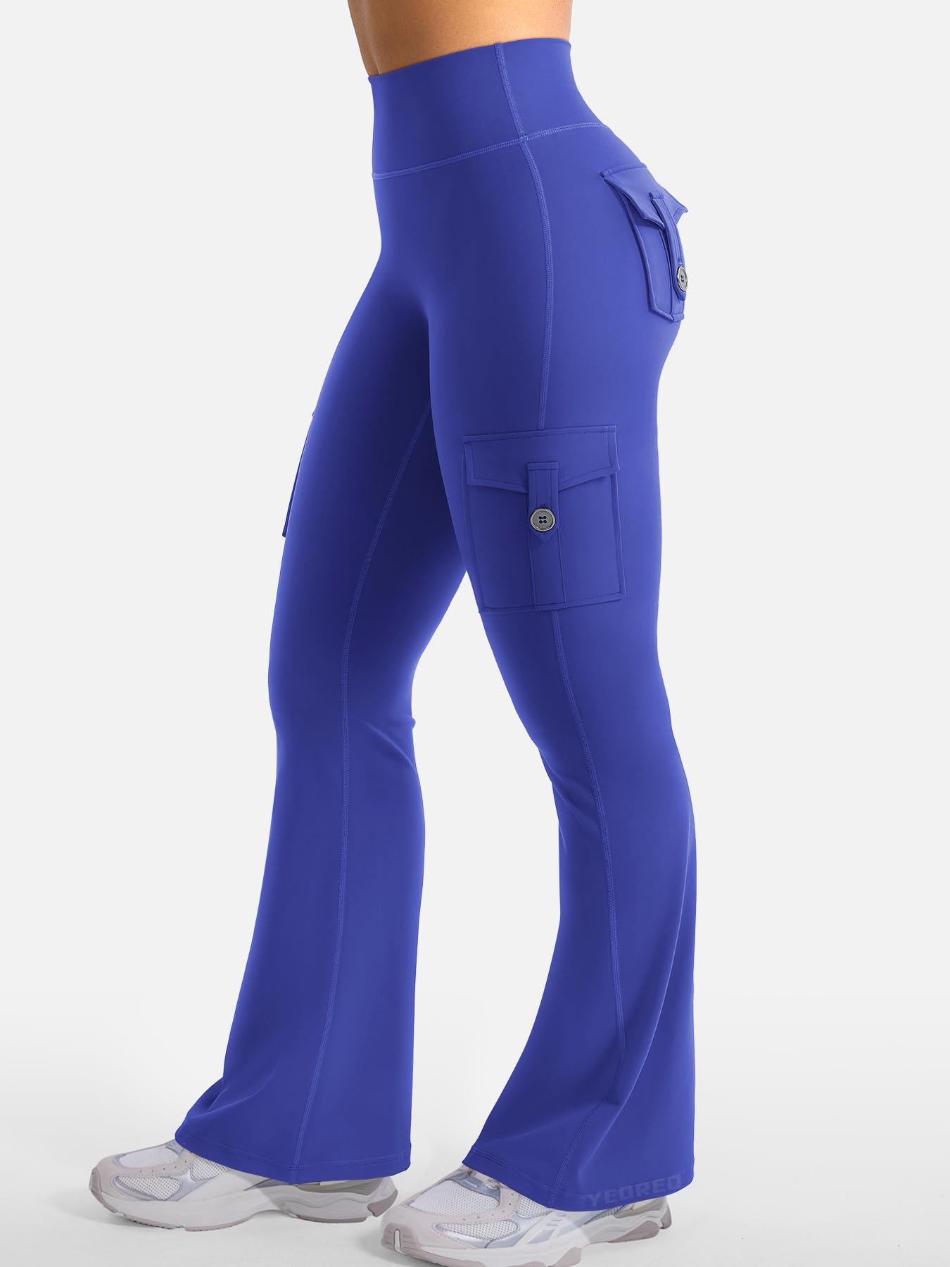 YEOREO CoreFlex Women Workout Flare Leggings with Pockets Hidden Scrunch High Waisted Cargo Gym Yoga No Front Seam Leggings 30" Inseam Dazzling Blue XXL