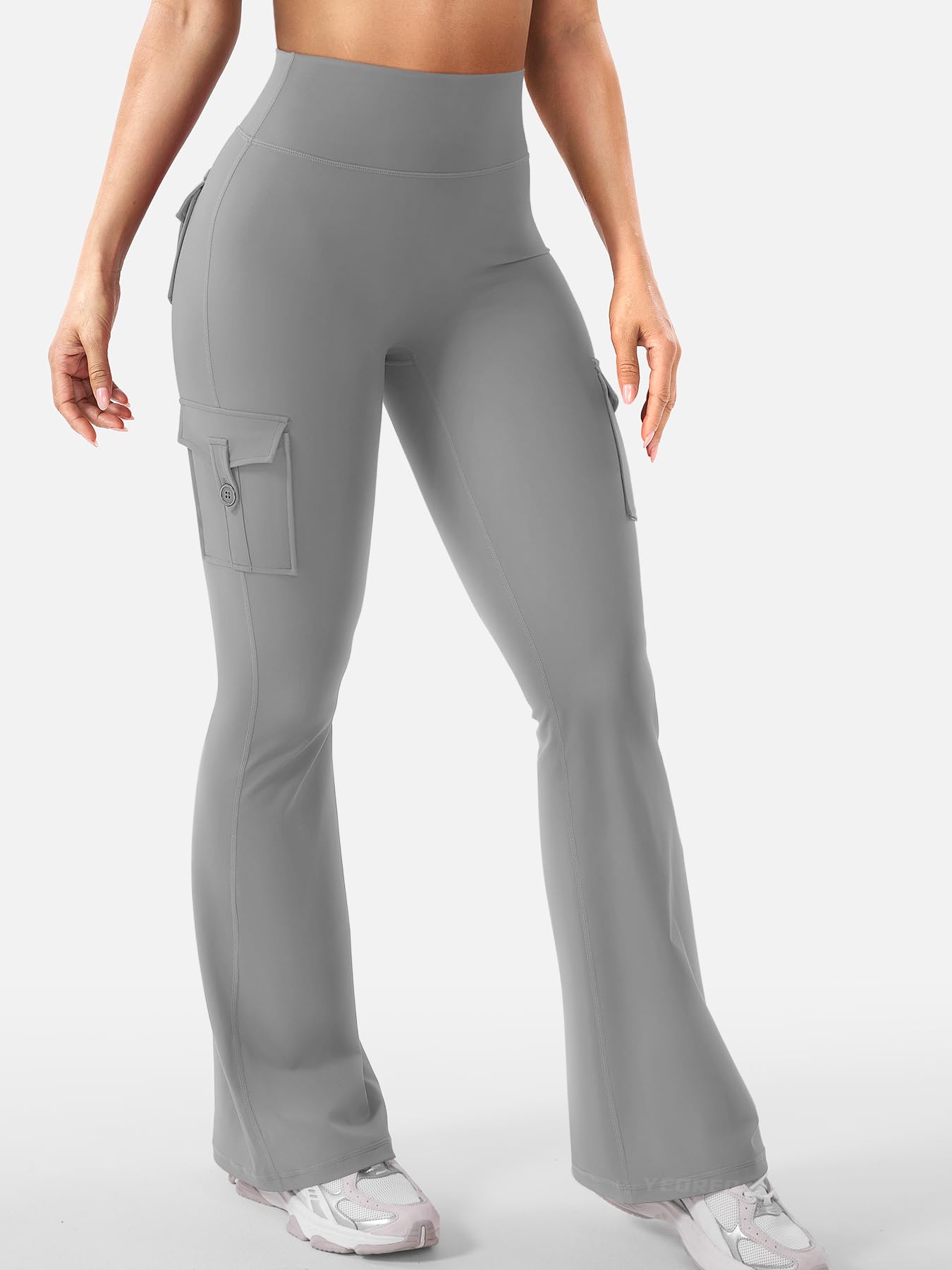 YEOREO CoreFlex Women Workout Flare Leggings with Pockets Hidden Scrunch High Waisted Cargo Gym Yoga Leggings Light Grey S