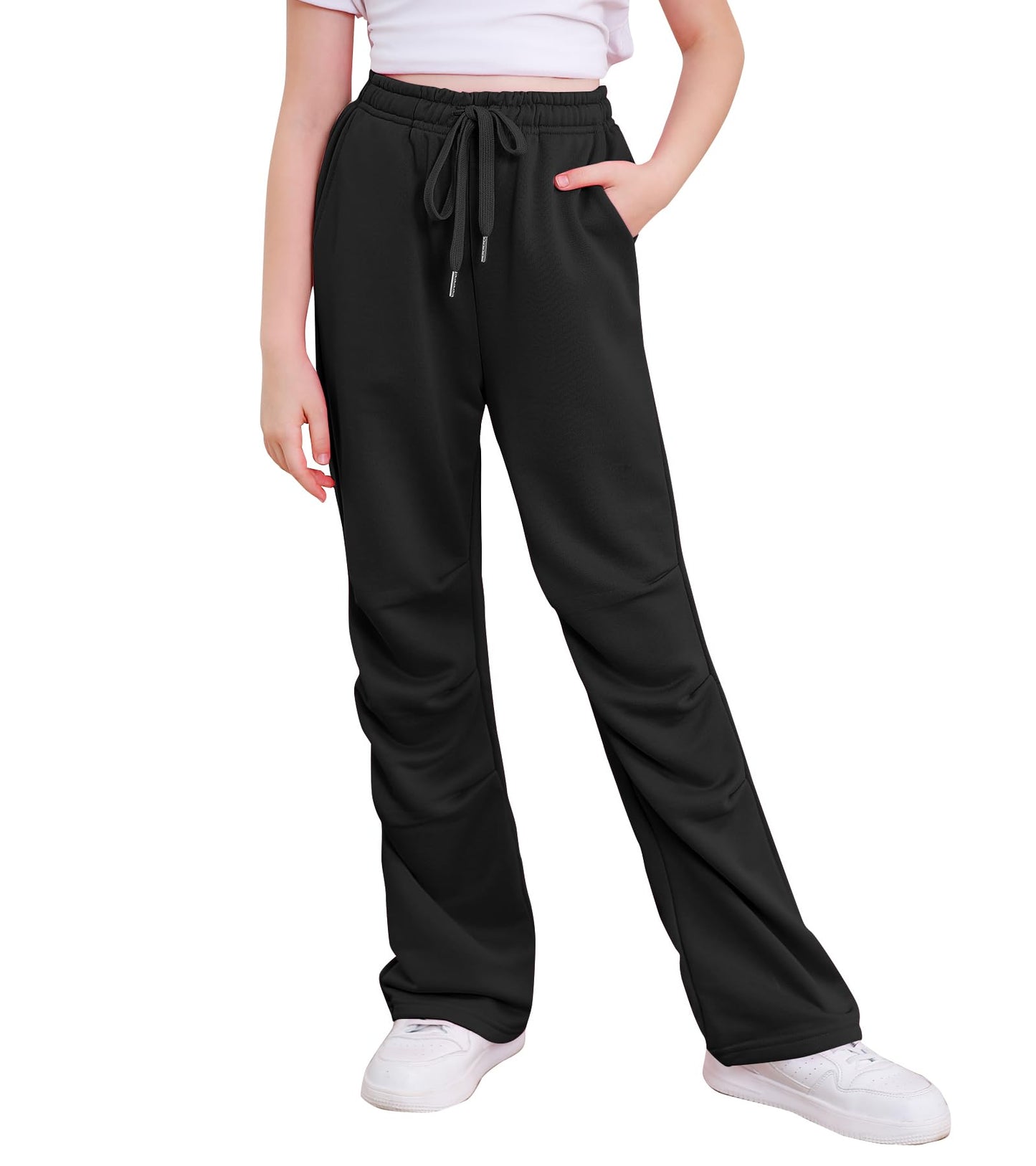 Kimoda Kids Sweatpants for Girls Size 10-11 Kids Fall Winter Casual High Waisted Drawstring Loose Jogger Pants with Pocket Jogger Pants for Girls Black