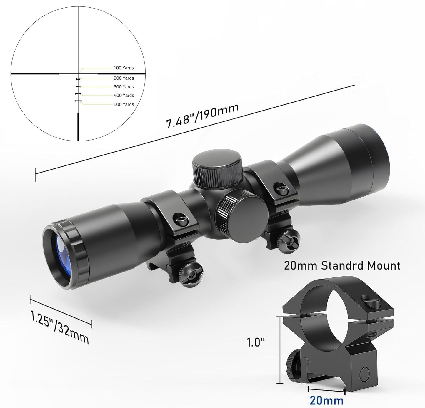Compact Rifle Scope 4x32, for Crossbow Scope, with BDC Reticle, Ideal for Medium to Long-Range Hunting up to 500 Yards