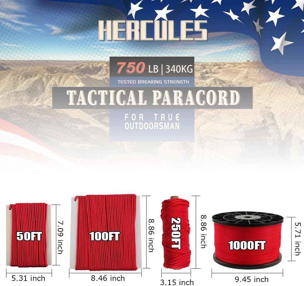 HERCULES 750lb Tactical Paracord - 4mm 11-Strand Utility Rope for Camping & Survival | Imperial Red, 50FT