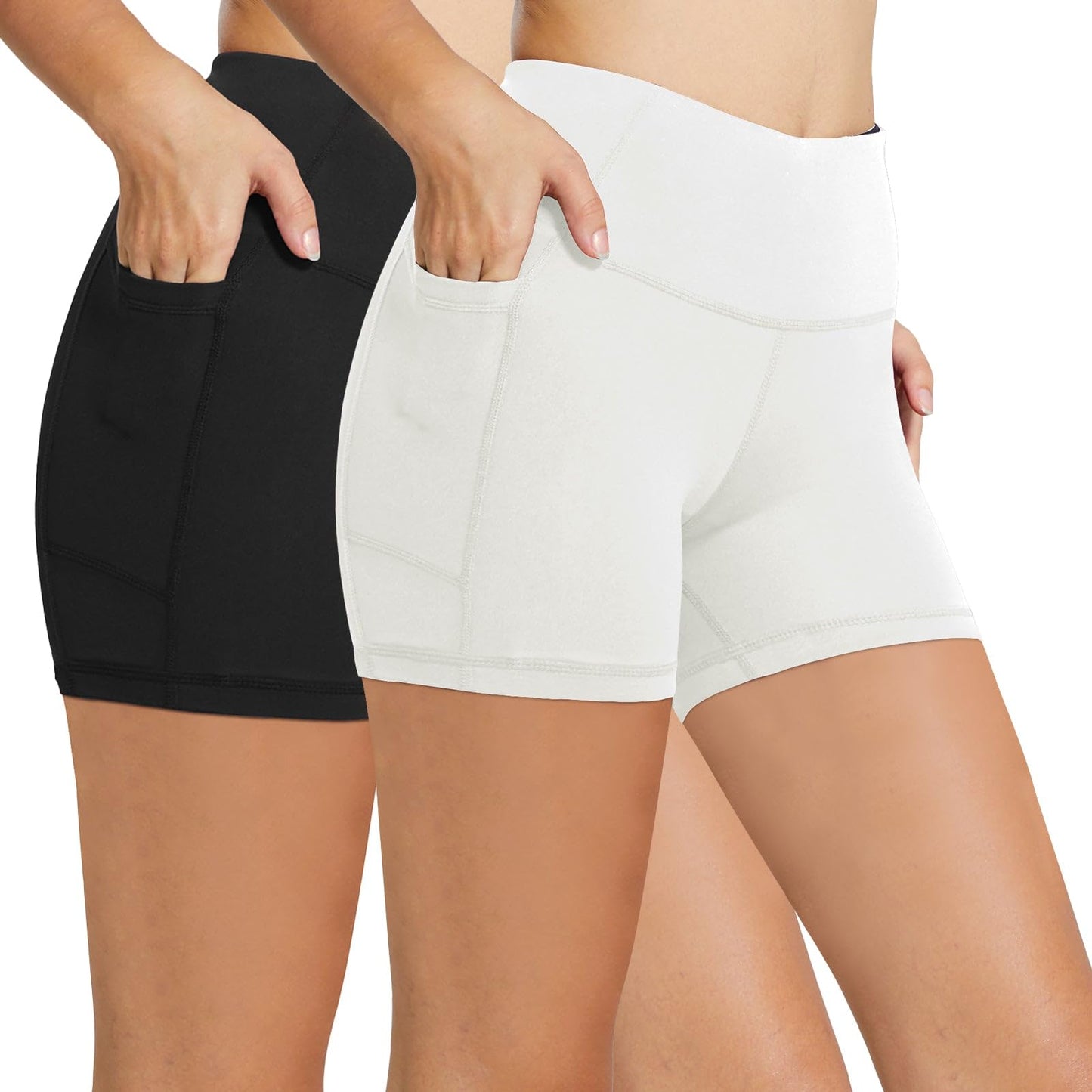 baleaf Biker Shorts Women Yoga Gym Workout Spandex Running Volleyball Tummy Control Compression with Pockets 5" 2-Pack Black/White XXXL