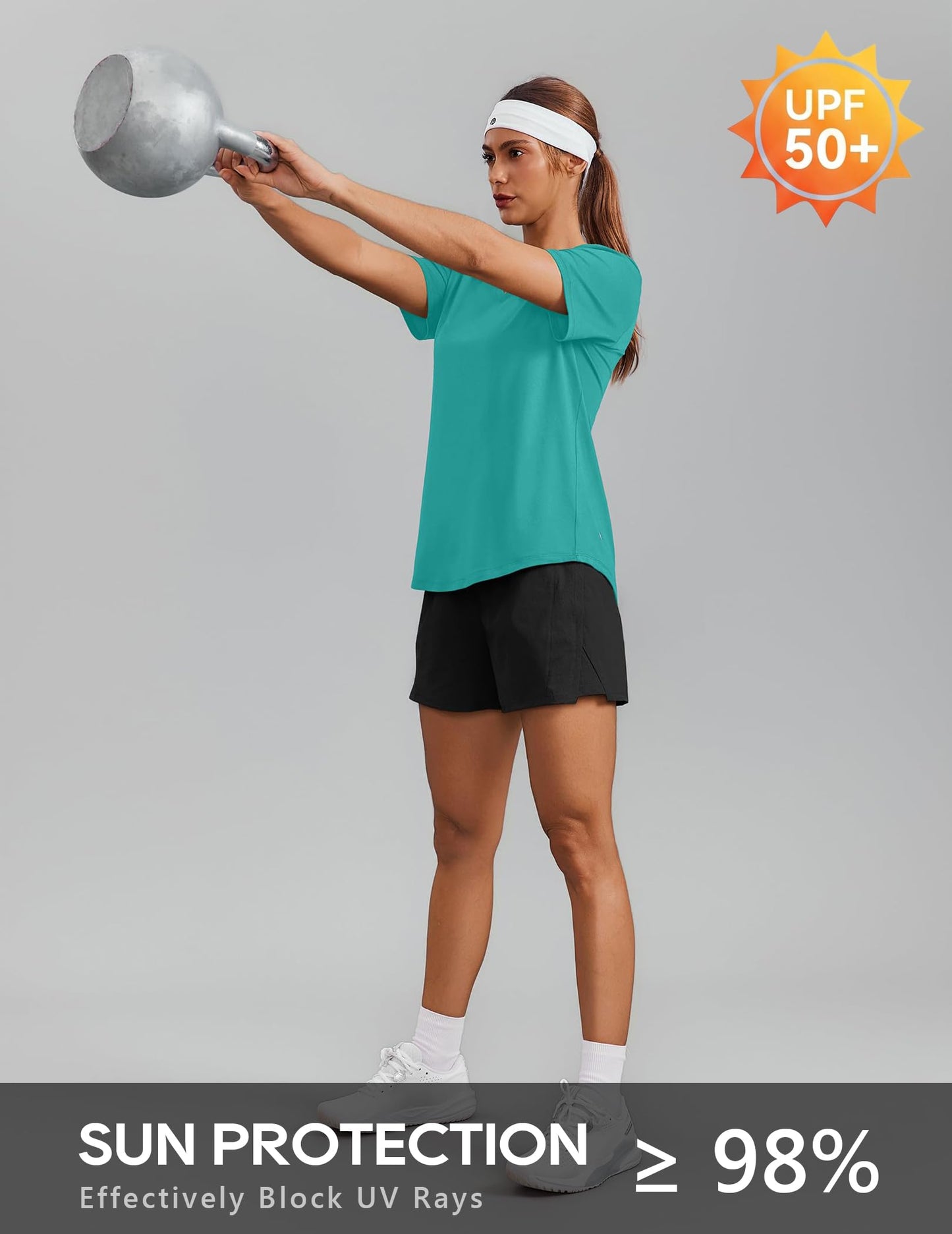 PINSPARK Moisture Wicking Shirts for Women Short Sleeve V Neck Quick Dry Workout Tops Athletic Gym Running T-Shirts Cooling,Teal Medium