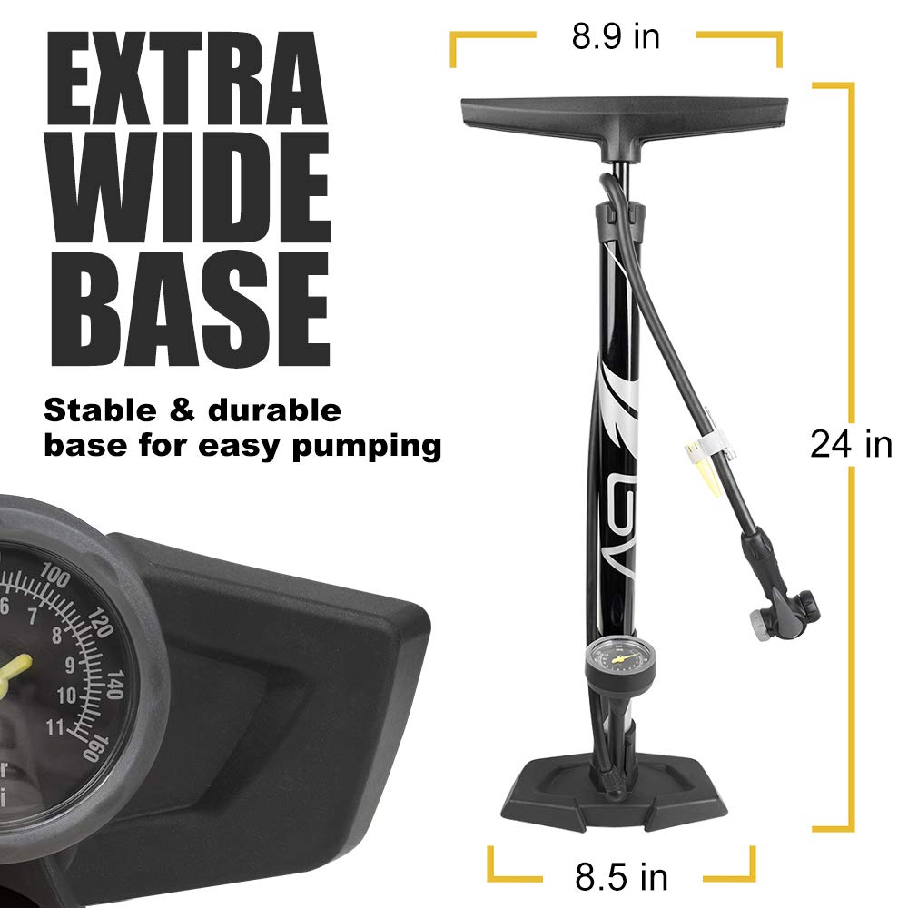 BV Bike Pump Out of Durable Steel - Bicycle Pump 160 PSI high Pressure, Bike Tire Pump 17/24 inch Smart Valve Head, Automatically Reversible Presta & Schrader, Ball Pump