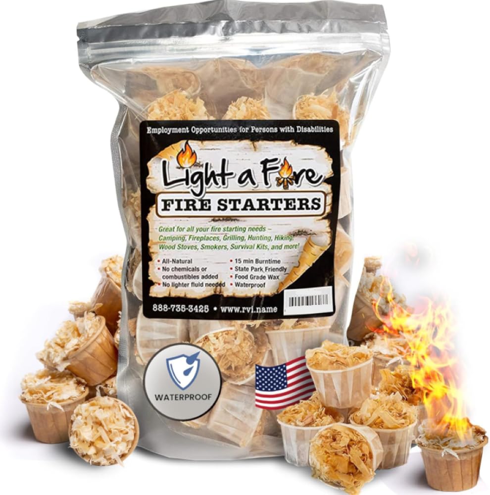 Light a Fire All Natural Waterproof Fire Starters - XL Bag 60 Extra Long Lasting Fire Pods. Perfect for Camping, Fire Pits, Fireplaces, Wood Stoves, BBQ Smoker. Proudly Made in USA