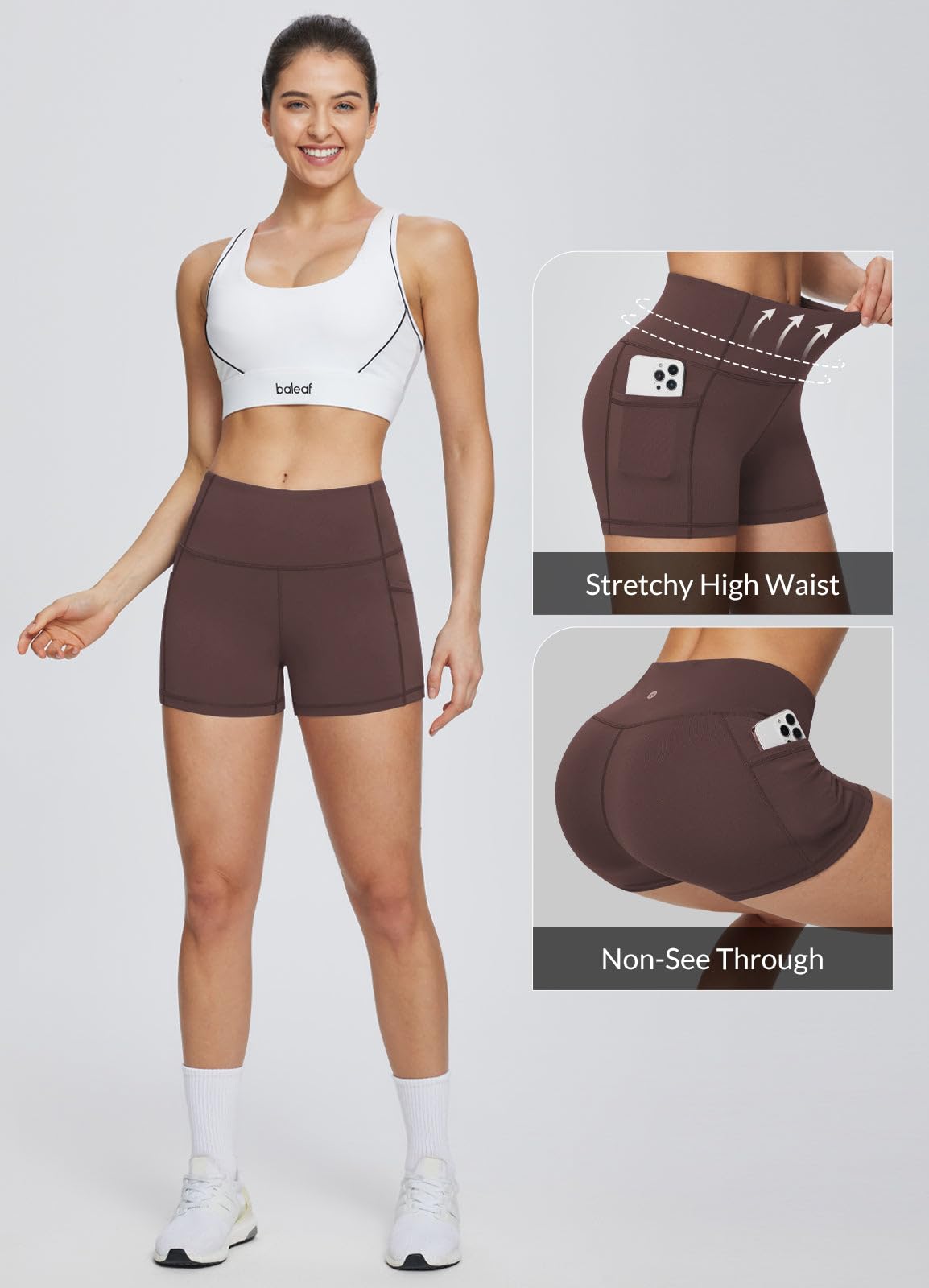 baleaf Biker Shorts Women Yoga Gym Workout Spandex Running Volleyball Tummy Control Compression with Pockets 8" Brown XXL