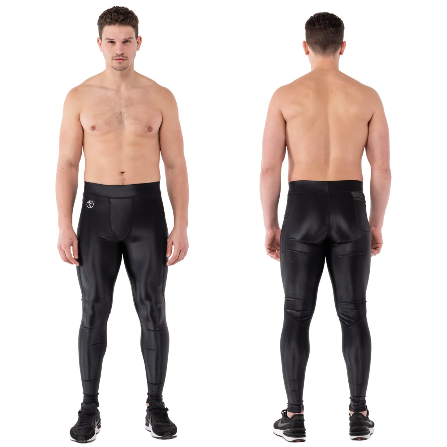 Kapow Meggings Shiny Performance Range - Shiny Compression Leggings for Men with Pockets, Athletic Base Layer (Omega, M)