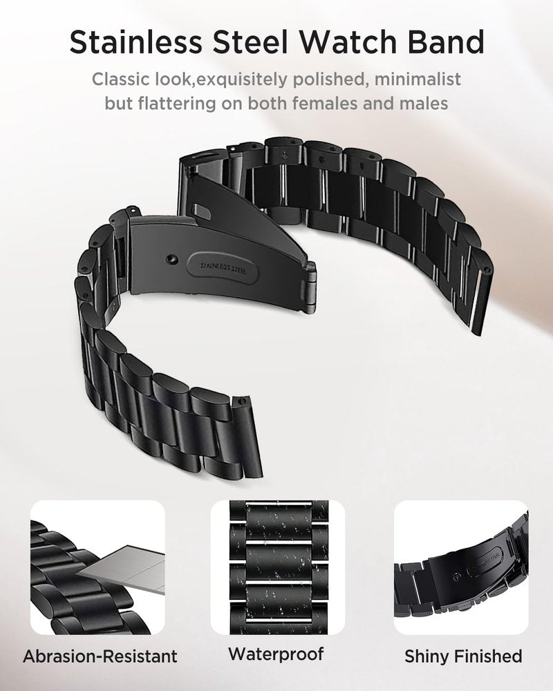 Miimall Business Band for Garmin Vivoactive 6/5/3, Forerunner 55/165/570 42mm, Venu Sq/2 Plus, 20mm Men Metal Bracelet Stainless Steel Strap for Vivomove Sport/Trend, Approach S12/S50/S42/S44(Black)