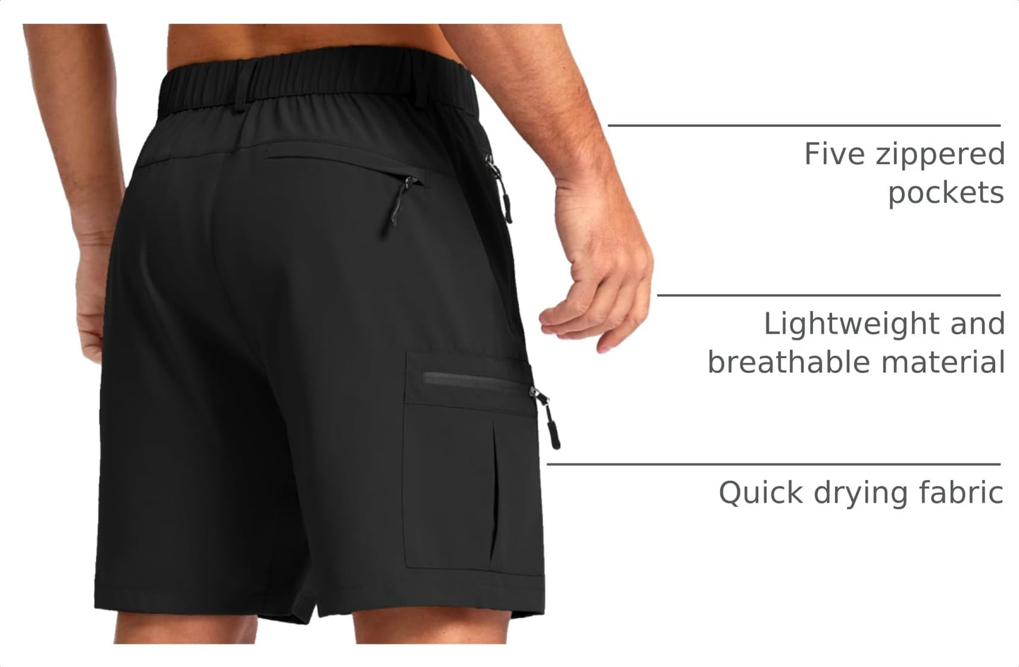 Pudolla Men's Hiking Cargo Shorts Lightweight 7" Travel Casual Shorts for Men Golf Work Outdoor with 5 Zipper Pockets(Black Medium)