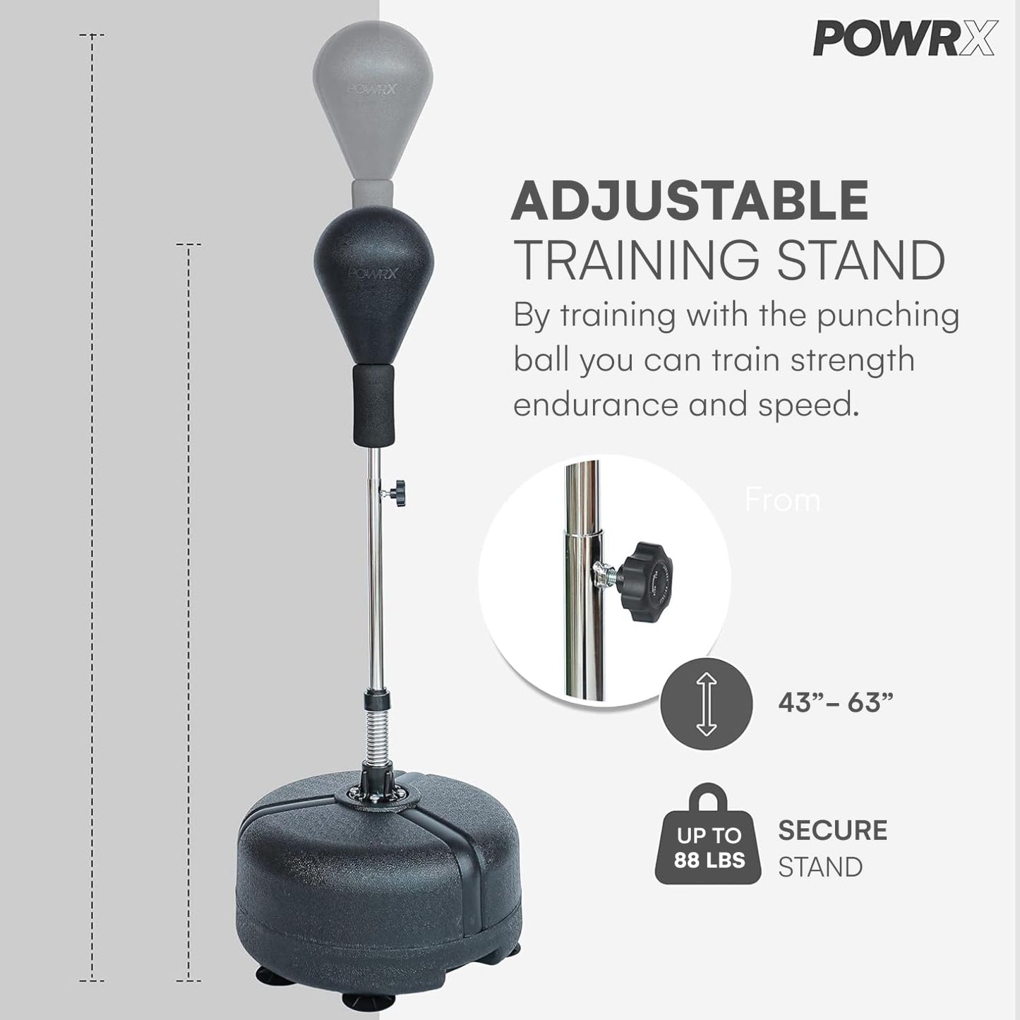 PowrX Punch Ball Stand Box Trainer - 43-63-Inches Height Adjustable Boxing Equipment for Home Gym, Fast Reflex Training, and Knockout Workouts - Freestanding Bag Set for Adults, Men, and Women