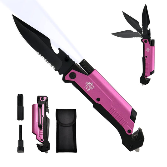 CHELONIAN 8.5" Military Outdoor Hunting Camping Pocket Knife, 7 in 1 Multi-Function Folding Knives with Fire Starter LED Light Seatbelt Cutter Glass Breaker Bottle Opener Tactical Blade (Pink)