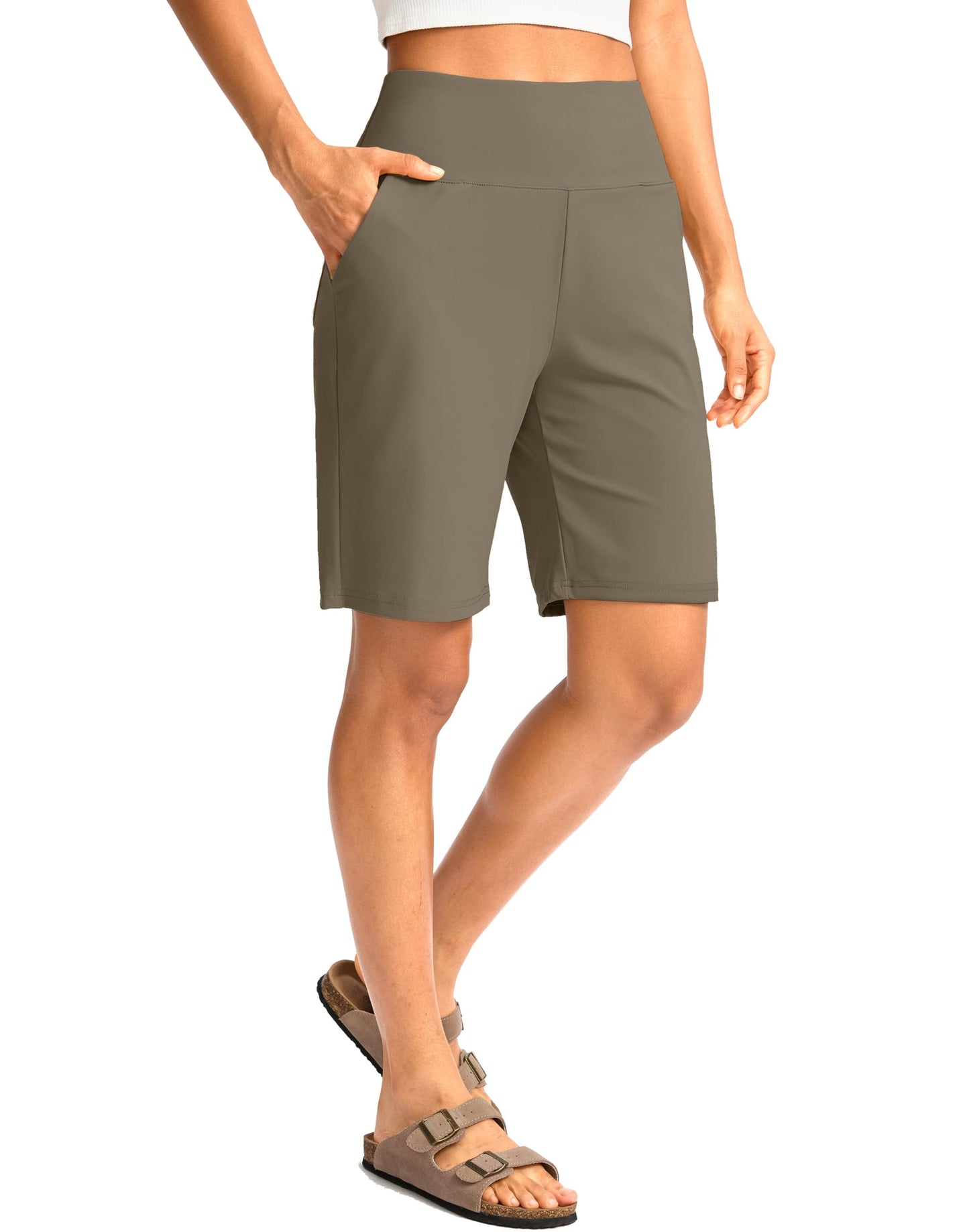 G Gradual Women's Bermuda Long Shorts with Pockets 9" High Waisted Knee Length Shorts for Women Walking Athletic Workout(Dark Khaki,XXL)