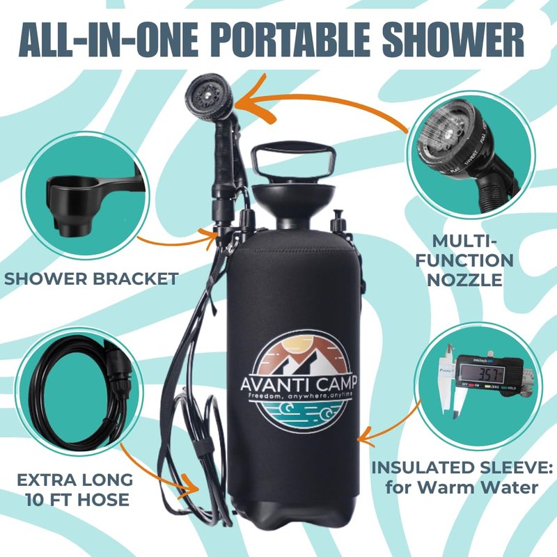 AVANTI CAMP 2.1 Gallon Pressurized Portable Camping Shower | 10 Spray Modes | Neoprene Insulated Cover & Padded Shoulder Strap | Beach Shower for Surf, Travel, Van Life & Sand | Pet Rinse Kit | Black
