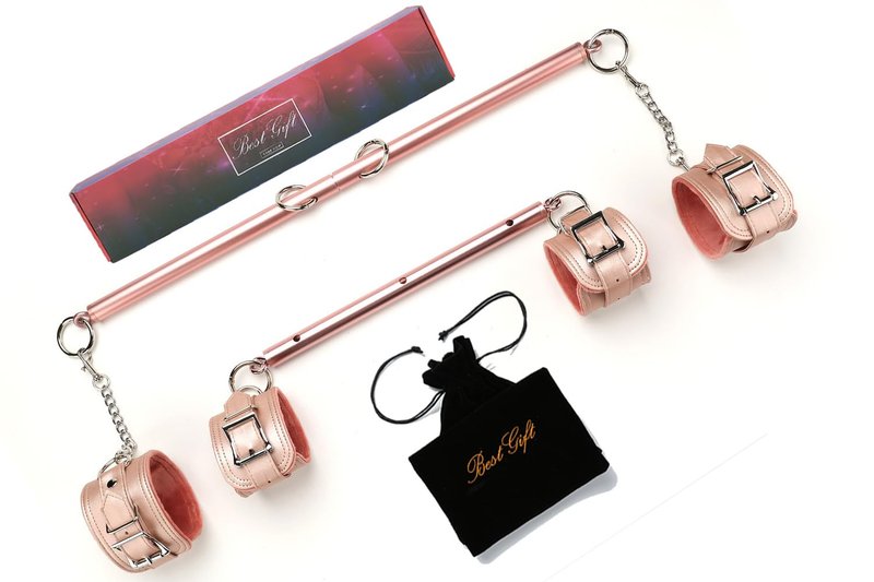 Spreader Bar Set, Stainless Steel Bar Adjustable with 4 Fur Straps Set, Expandable Training Bars Metal Exercise Fitness Home Gym Gear, Workout Bar (Rose Gold+Pink)