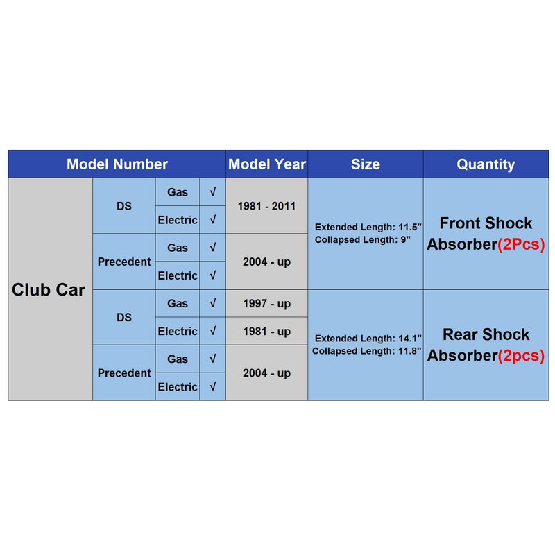 Gaoerfu-CP Club Car DS Shocks Front and Rear Shock Absorbers for Club Car DS G&E 1988-up,Precedent G&E 2004-up,for 88-08 Electric and 97-08 Gas Model, OEM # 1014235, 1014236 （4pcs）