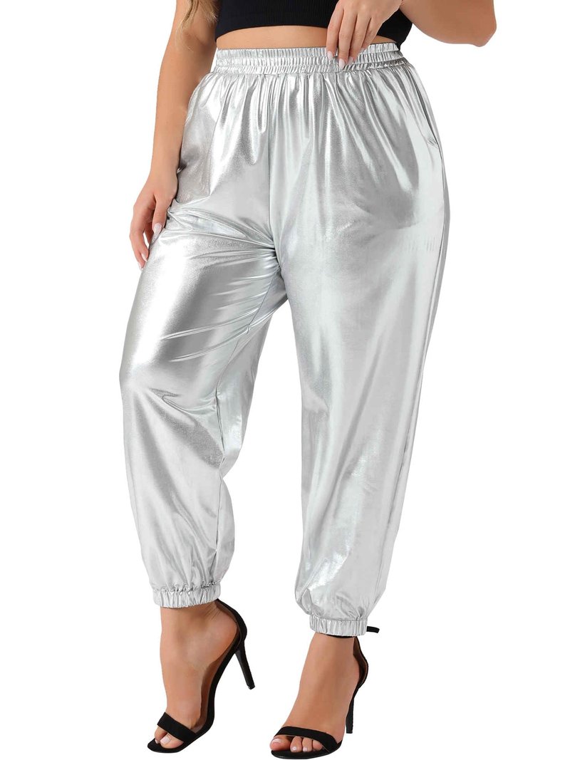 Agnes Orinda Plus Size Jogger Pants for Women Metallic Shiny High Waist Stretchy Wear Holographic Trousers Sweatpant 3X Silver