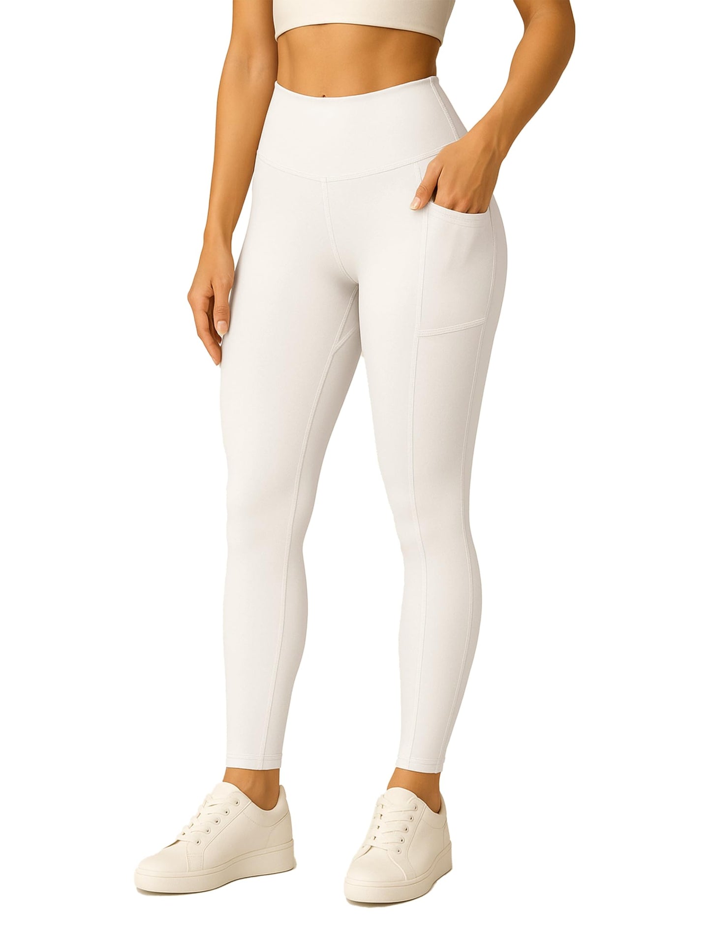 Conceited Leggings with Pockets for Women Tummy Control - High Waist - Pockets - Workout - Yoga - ⅞ - Off White - Large