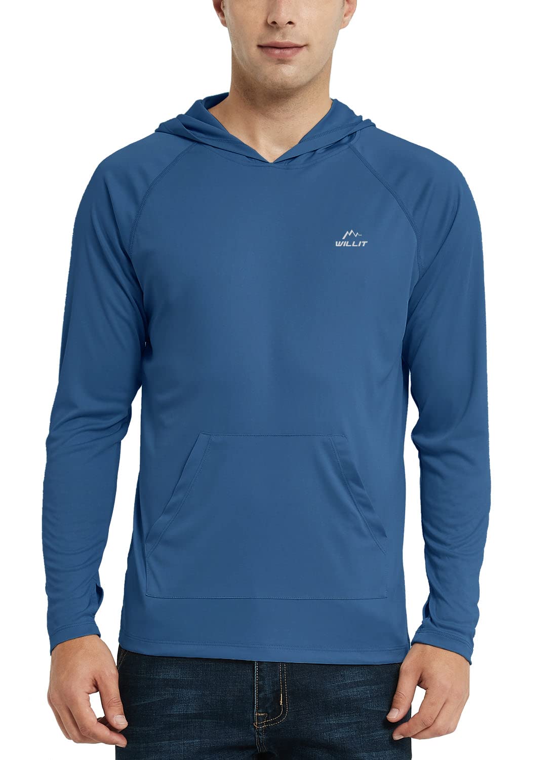 Willit Men's UPF 50+ Sun Protection Hoodie Shirt Long Sleeve Rash Guard Fishing SPF Outdoor UV Shirt Lightweight Pocket Ocean Blue L