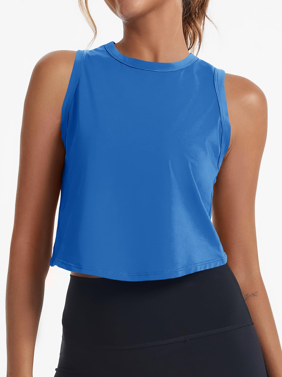 Fisoew Womens Workout Cropped Tank Tops Racerback Sleeveless Crewneck Running Yoga Active Shirts Blue