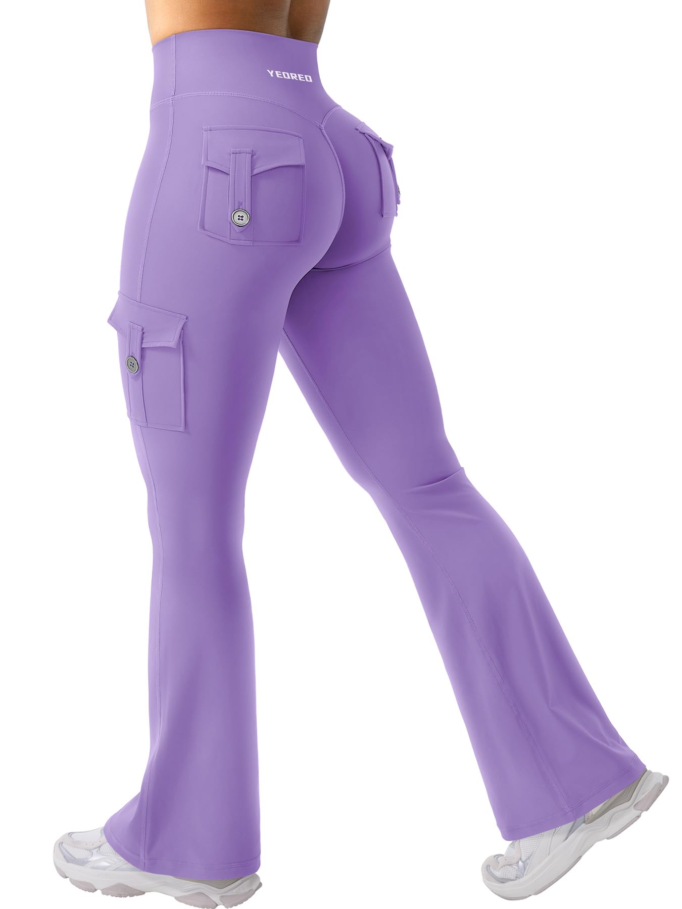 YEOREO CoreFlex Women Workout Flare Leggings with Pockets Hidden Scrunch High Waisted Cargo Gym Yoga No Front Seam Leggings Purple S