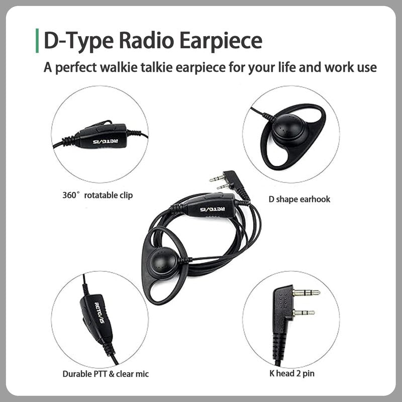 Retevis 2 Way Radio Earpiece with Mic, D-Type Walkie Talkie Earpiece, 2 Pin, for RT22 RT68 RT21 H-777 RT22S, Compatible with Pxton, BAOFENG 888S, Kenwood Walkie Talkies, Two Way Radio Headset(1 Pack)