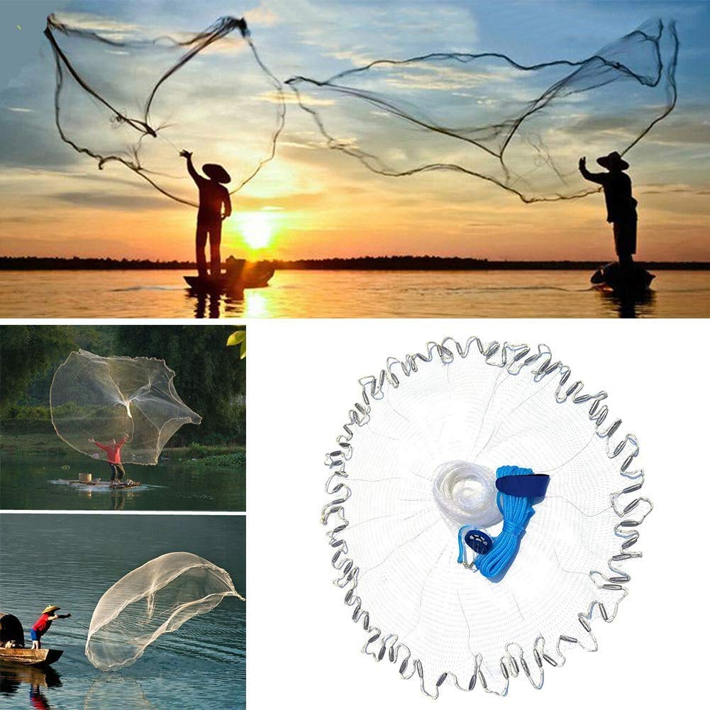 Yeahmart Handmade American Saltwater Fishing Cast Net with Heavy Duty Real Zinc Sinker Weights for Bait Trap Fish 8Ft Radius, 3/8 Inch Mesh Size