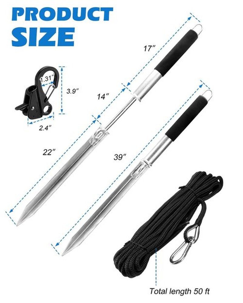 Venussar 39'' Sand Spike Boat Anchor Pole, with Stainless Steel Boat Anchor Hook and Boat Anchor Line 50ft, for Shallow Water Shore, Beach, Sandbar