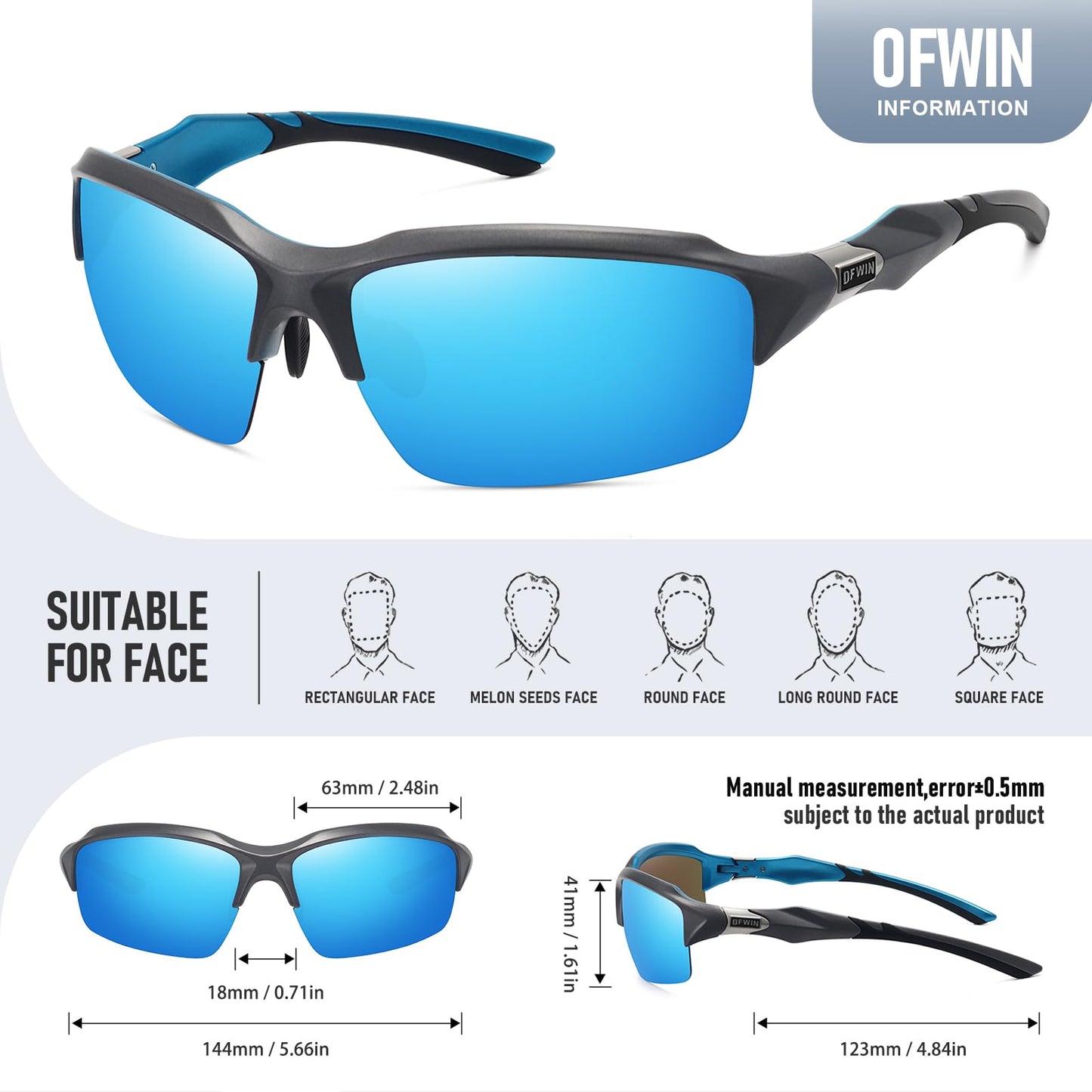 Ofwin Polarized Sports Sunglasses for Men Women Wrap Around Half Frame Cycling Fishing Bike Running Sun Glasses UV Protection Gray/Blue