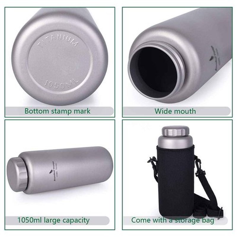 iBasingo Titanium Water Bottle 35.5oz (1050ml) Wide Mouth Lightweight Single Layer Camping Flask for Hiking, Backpacking & Outdoor Cooking Portable Durable Drinking Bottle Ti3005D